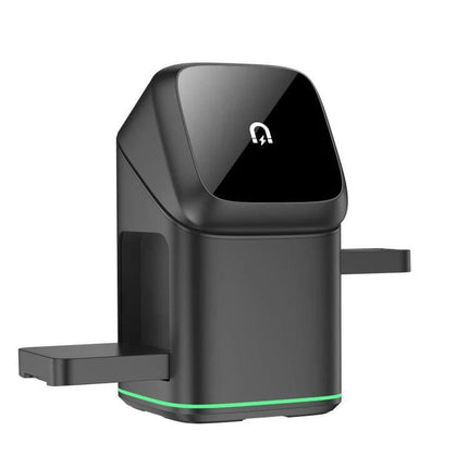 Rotating Charging Stand for Daily Home Phone Setup showing black motorized 180° rotating charger with watch and phone charging trays