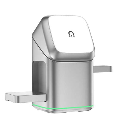 Rotating Charging Stand for Daily Home Phone Setup on nightstand, motorized 180° rotation charges phone flat and watch, sleek silver design
