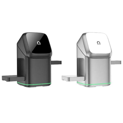 Rotating Charging Stand for Daily Home Phone Setup showing black and silver motorized charging docks with 180° rotation and watch and phone charging