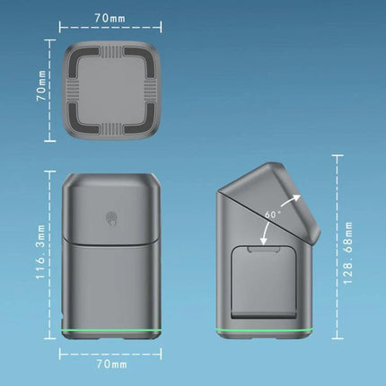 Rotating Charging Stand for Daily Home Phone Setup – compact gray motorized stand rotates 180° with dimensions 70x116x128mm for phone and watch charging