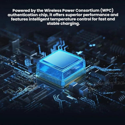 Rotating Charging Stand for Daily Home Phone Setup showing a WPC authentication chip graphic highlighting intelligent temperature control for fast stable charging