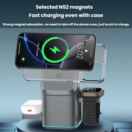Rotating Charging Stand for Daily Home Phone Setup showing phone flat charging, rotating 180° motorized base with watch and earbuds charger