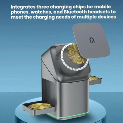 Rotating Charging Stand for Daily Home Phone Setup showcasing 180° motorized base charging phone flat plus watch and earbuds