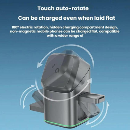 Rotating Charging Stand for Daily Home Phone Setup showing motorized 180° rotation, flat charging for non-magnetic phones plus watch charging on nightstand
