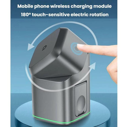 Rotating Charging Stand for Daily Home Phone Setup showing motorized 180° touch-rotate wireless charging base powering phone and watch on a nightstand