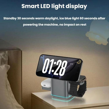 Rotating Charging Stand for Daily Home Phone Setup on nightstand showing phone flat, watch charging with smart LED light display
