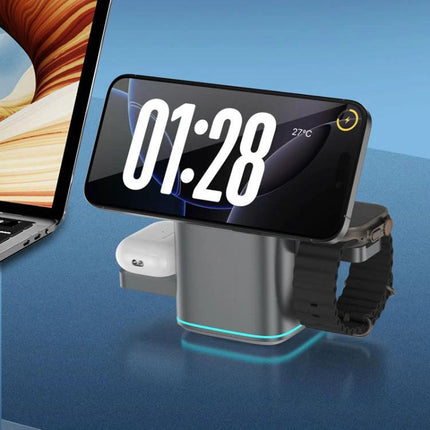 Rotating Charging Stand for Daily Home Phone Setup on nightstand charging phone flat with watch and earbuds, motorized 180° rotating base