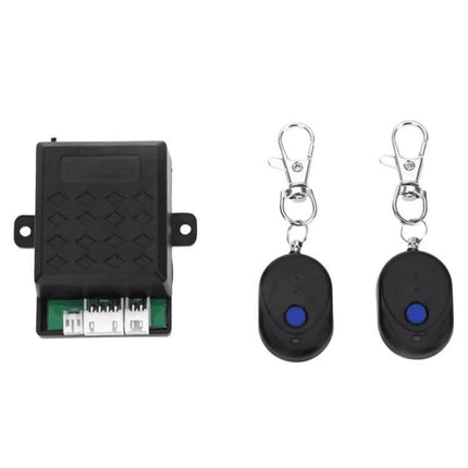 Remote Car Anti-Theft Device with Engine Shutdown Control - compact black control module with two remote key fobs for engine cutoff