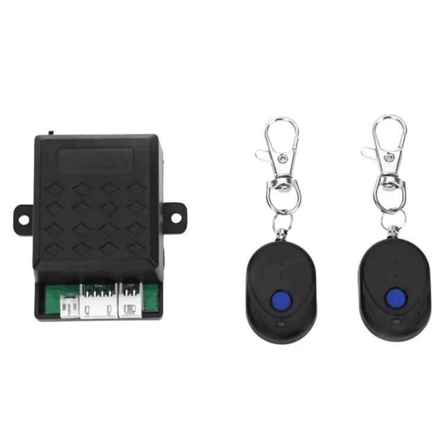 Remote Car Anti-Theft Device with Engine Shutdown Control - compact black control module with two remote key fobs for engine cutoff