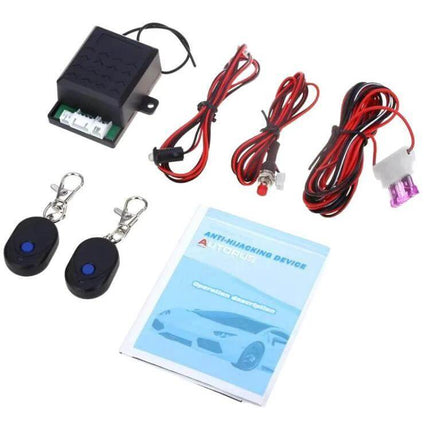Remote Car Anti-Theft Device with Engine Shutdown Control - remote engine cutoff kit with remotes, wiring harness, fuse and manual