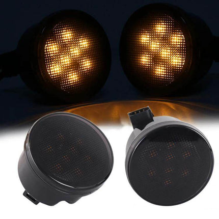 Wrangler Plum Blossom Yellow LED Turn Signals 2 Pack LED front signals showing warm plum blossom yellow light, plug-in Jeep Wrangler upgrade