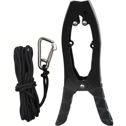 Canoe And Kayak Anchor Clamp With Toothed Jaws For Securing Your Kayak black clamp with paracord and carabiner securing kayak deck
