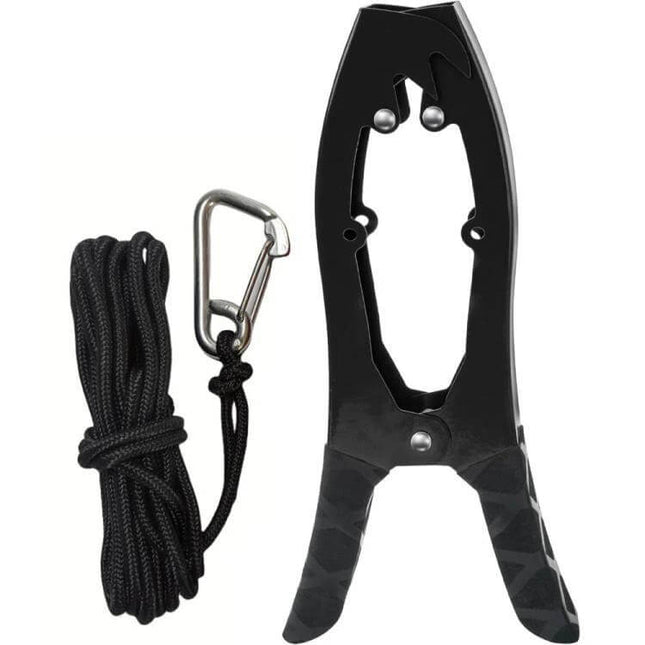 Canoe And Kayak Anchor Clamp With Toothed Jaws For Securing Your Kayak black clamp with paracord and carabiner securing kayak deck