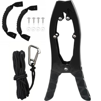 Canoe And Kayak Anchor Clamp With Toothed Jaws For Securing Your Kayak black clamp kit with paracord carabiner and mounting hardware