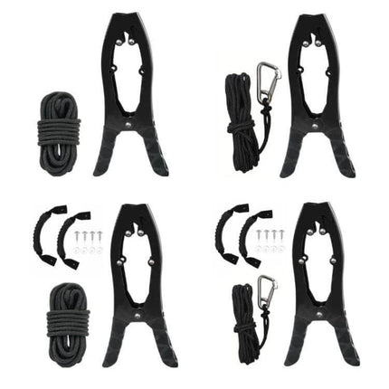 Canoe And Kayak Anchor Clamp With Toothed Jaws For Securing Your Kayak shown with paracord and carabiner kit