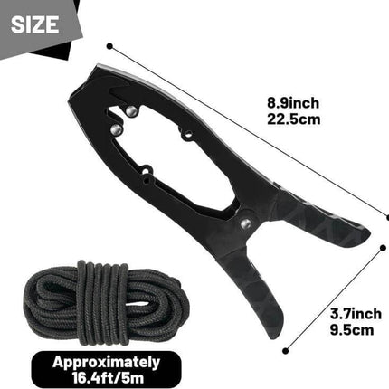 Canoe And Kayak Anchor Clamp With Toothed Jaws For Securing Your Kayak black clamp with paracord shown 8.9in x 3.7in size, approx 16.4ft/5m rope