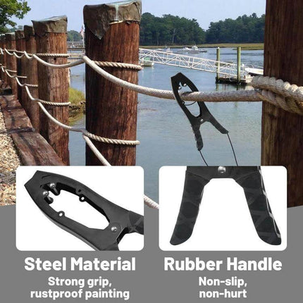 Canoe And Kayak Anchor Clamp With Toothed Jaws For Securing Your Kayak clamped to dock rope showing toothed jaws and rubber handle