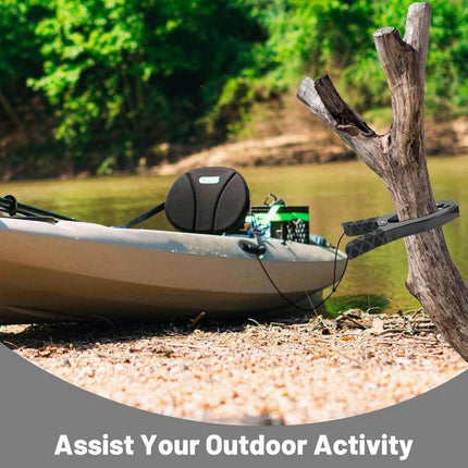 Canoe And Kayak Anchor Clamp With Toothed Jaws For Securing Your Kayak clamped to kayak deck and shore tree, paracord tightened to reduce drift