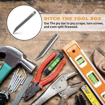 Portable Crowbar Keychain Tool With Bottle Opener For Everyday Use stainless steel pry bar keychain among common hand tools on wooden workbench