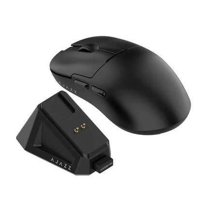 Ajazz Tri-Mode Wireless Mouse for Everyday Computing and Gaming - black ergonomic mouse with docking/charging base, wired, 2.4G and Bluetooth modes, 1000Hz polling