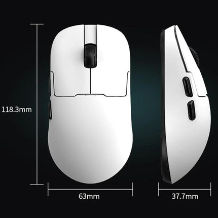 Ajazz Tri-Mode Wireless Mouse for Everyday Computing and Gaming white top and side view with dimensions 118.3mm x 63mm x 37.7mm