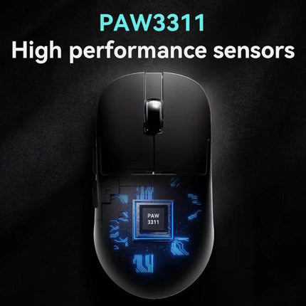 Ajazz Tri-Mode Wireless Mouse for Everyday Computing and Gaming showing top view with PAW3311 high-performance sensor graphic and glowing circuitry