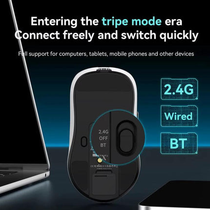 Ajazz Tri-Mode Wireless Mouse for Everyday Computing and Gaming showing underside mode switch and icons for 2.4G, Wired, BT connectivity