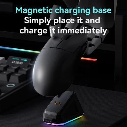 Ajazz Tri-Mode Wireless Mouse for Everyday Computing and Gaming showing magnetic charging base with RGB dock and mouse placed on charger