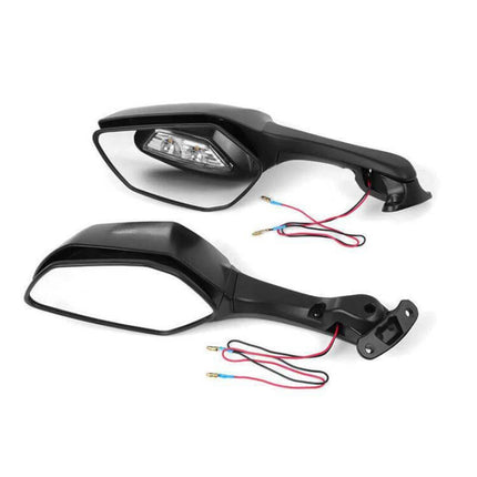 Motorcycle Rearview Mirror With LED Light For Kawasaki - black aluminum alloy housing, ABS cover, 360° adjustable side mirror with integrated LED