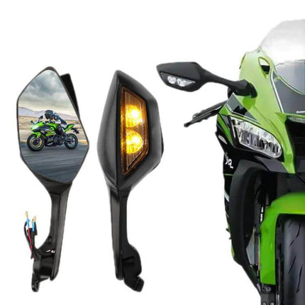 Motorcycle Rearview Mirror With LED Light For Kawasaki — aluminum alloy housing, ABS cover, 360° adjustable mirror, built-in LED turn signal