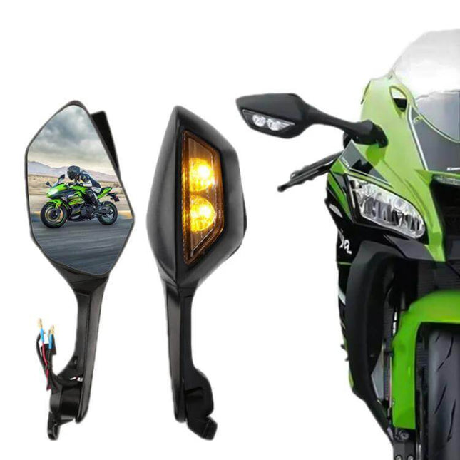 Motorcycle Rearview Mirror With LED Light For Kawasaki — aluminum alloy housing, ABS cover, 360° adjustable mirror, built-in LED turn signal