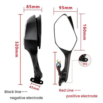 Motorcycle Rearview Mirror With LED Light For Kawasaki - aluminum alloy housing, ABS cover, 360° adjustable mirror, wiring and dimensions shown