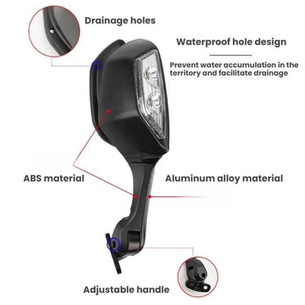 Motorcycle Rearview Mirror With LED Light For Kawasaki - adjustable aluminum alloy housing with ABS cover, waterproof drainage holes, 360° mirror