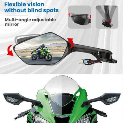 Motorcycle Rearview Mirror With LED Light For Kawasaki - adjustable 360° aluminum alloy mirror with ABS cover and integrated LED turn signal