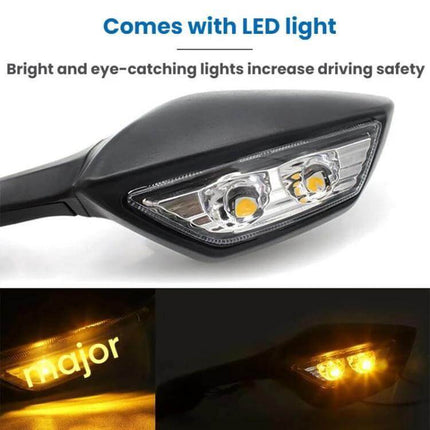 Motorcycle Rearview Mirror With LED Light For Kawasaki — black aluminum alloy housing, ABS cover, 360° adjustable mirror, bright LED turn signal