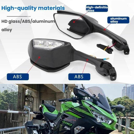 Motorcycle Rearview Mirror With LED Light For Kawasaki - aluminum alloy housing, ABS cover, 360° adjustable mirror