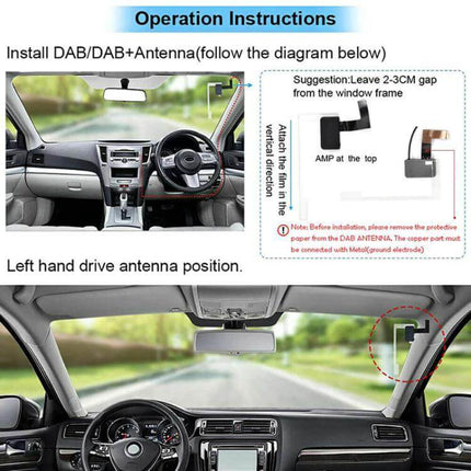 In-Car Digital DAB Receiver For Android Navigation, Easy Install - antenna placement diagram showing left-hand drive windshield installation