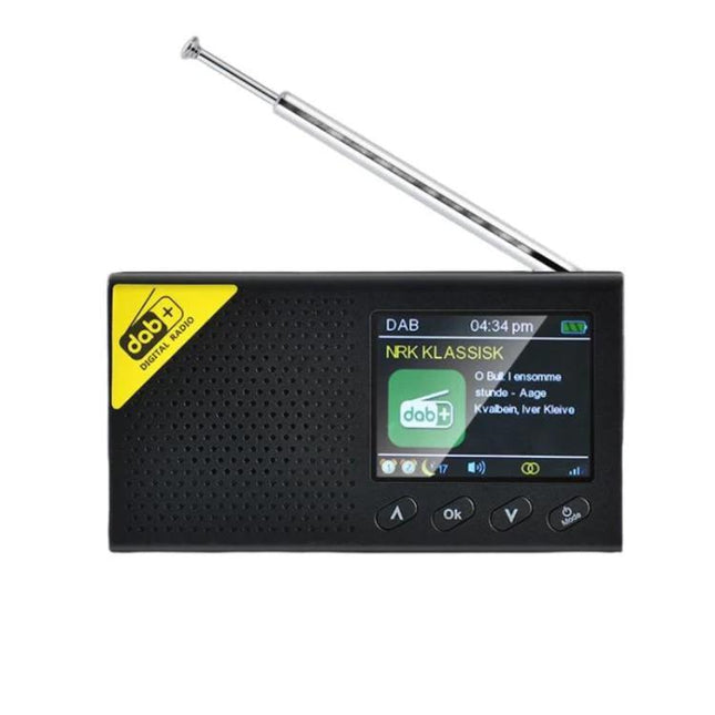 Compact Portable DAB Digital Radio for In-Car Listening, black handheld unit with antenna and LCD display showing DAB station