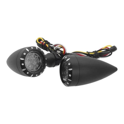Two-Piece Motorcycle Retrofit LED Turn Signal Lights compact matte-black bullet-style LED indicators with 4-wire harness for sport and cruiser bikes
