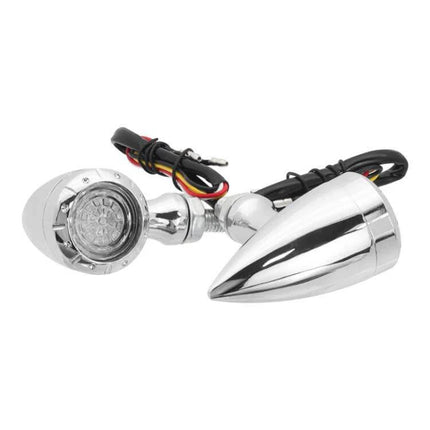 Two-Piece Motorcycle Retrofit LED Turn Signal Lights chrome bullet-style LED indicators with 4-wire harness for sport and cruiser bikes