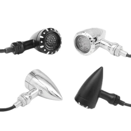 Two-Piece Motorcycle Retrofit LED Turn Signal Lights shown in black and chrome spike and bullet styles, compact high-brightness LED indicators