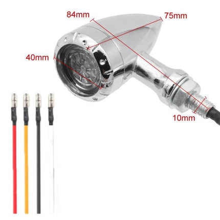 Two-Piece Motorcycle Retrofit LED Turn Signal Lights chrome bullet indicator with 4-wire harness and dimensions 84mm 75mm 40mm 10mm