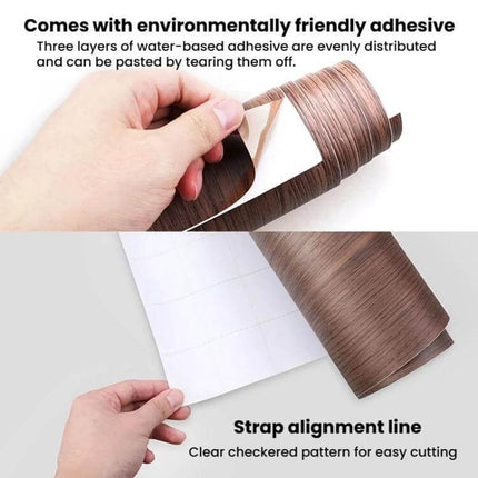 Car Interior Decoration Sticker PVC Waterproof For Everyday Use showing waterproof PVC woodgrain roll with thick self-adhesive backing and cut-to-fit alignment grid