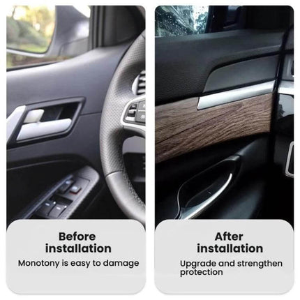 Car Interior Decoration Sticker PVC Waterproof For Everyday Use - before and after dashboard and door panel upgrade showing waterproof wood-texture PVC trim