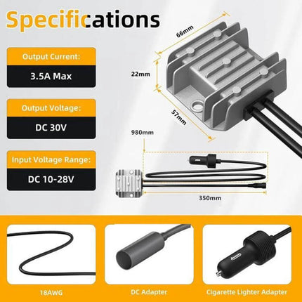 Car Power Converter with Cigarette Lighter Adapter for Vehicles — compact DC 30V 3.5A max converter with cigarette lighter adapter and 10–28V input