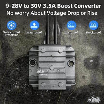 Car Power Converter with Cigarette Lighter Adapter for Vehicles showing 9-28V to 30V 3.5A boost converter, waterproof, dustproof, shockproof