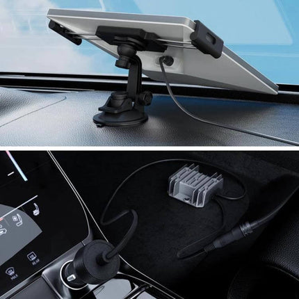 Car Power Converter with Cigarette Lighter Adapter for Vehicles shown powering a dashboard GPS and tablet during a road trip