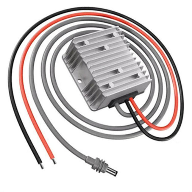 Portable Voltage Converter for 12V/24V to 57V with DC Cable - compact step-up DC converter with heatsink and long input/output cables for vehicles and RVs