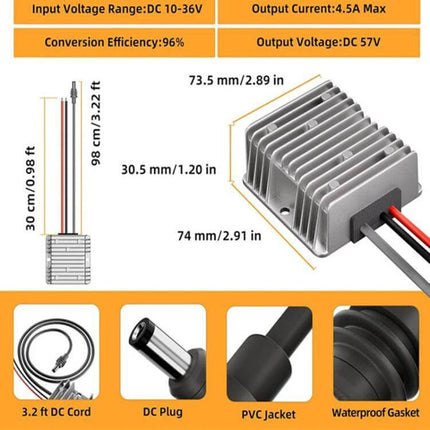 Portable Voltage Converter for 12V/24V to 57V with DC Cable compact waterproof DC-DC step-up converter with 3.2ft cable and DC plug