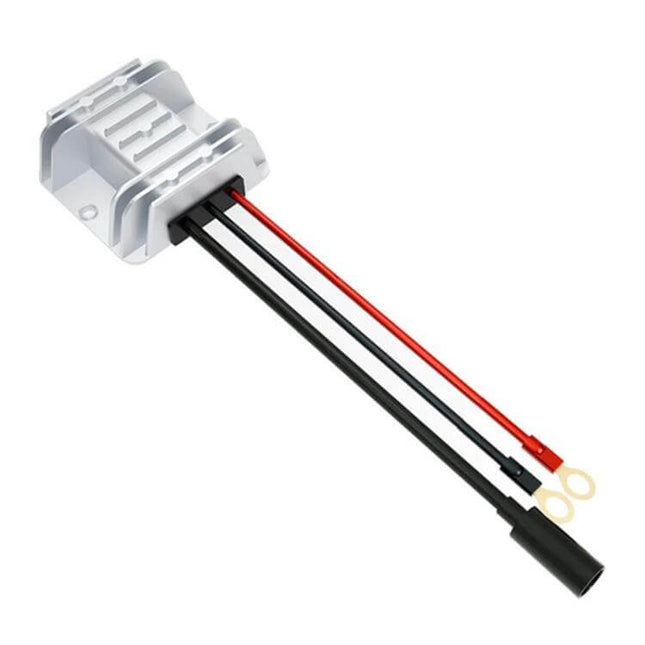 Alt Tag: Reliable 12V and 24V to 48V DC Power Converter for Outdoor Use white aluminum waterproof converter with red and black cables and ring terminals